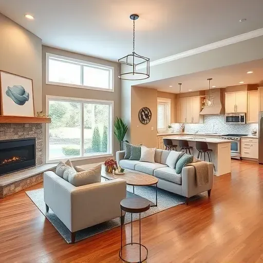 Inviting Havelock NC living room features modern furnishings, natural light, elegant decor, and a stylish fireplace.