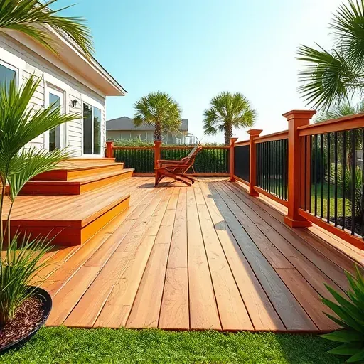Newly built Jacksonville NC wooden deck with modern railings, built-in seating, lush landscaping, and coastal scenery