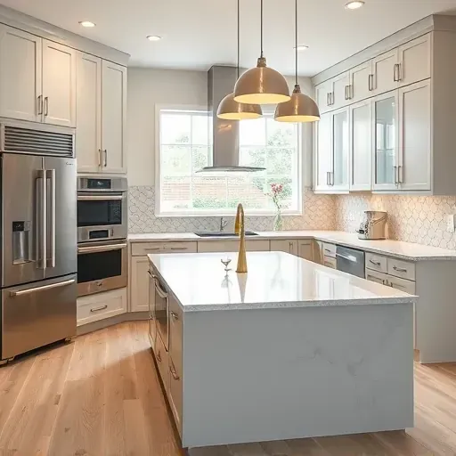 Freshly renovated kitchen in Jacksonville NC with modern cabinetry, stainless steel appliances, and quartz countertop island.