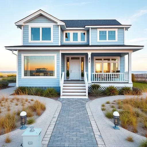 Coastal home remodel in Pine Knoll Shores NC with light blue exterior, panoramic windows, and lush landscaping.