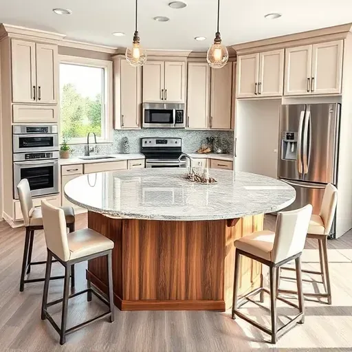 Modern Jacksonville kitchen with polished granite counters, wooden island, pendant lights, barstools, stainless steel appliances, large windows