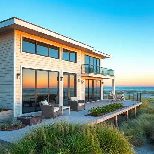 Modern coastal home in Topsail Beach NC features sleek architecture, sandy siding, large windows, and a tranquil sunset.