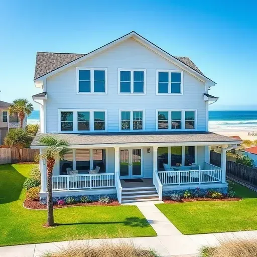 Modern coastal home in Corolla NC with light siding, sloping roof, lush landscaping, and serene beach view.