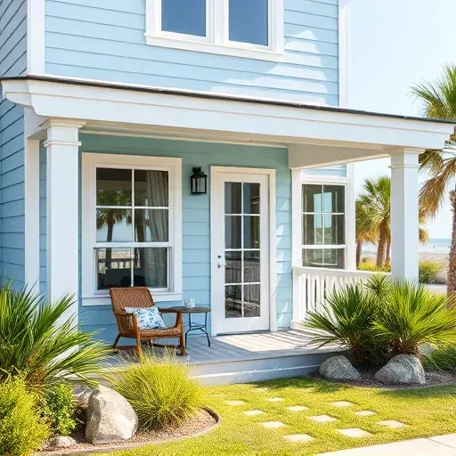 Completed home remodeling in Emerald Isle NC, featuring light blue facade, coastal decor, lush landscaping, and beach views.