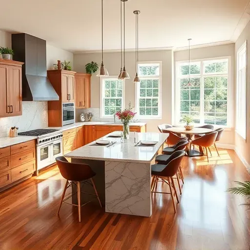 Modern kitchen renovation in Belville NC featuring marble countertops, elegant cabinets, and spacious open layout.