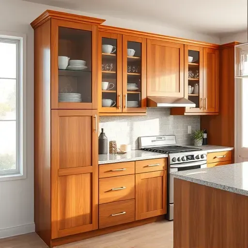 Beautiful finished kitchen cabinets with polished wood, sleek handles, glass fronts, and natural light in a modern Jacksonville NC kitchen