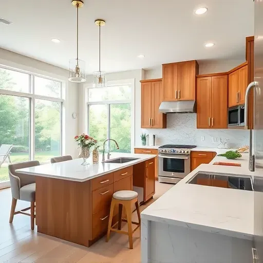 Remodeled kitchen in Jacksonville NC with quartz countertops, stainless steel appliances, wood cabinetry, and airy windows.