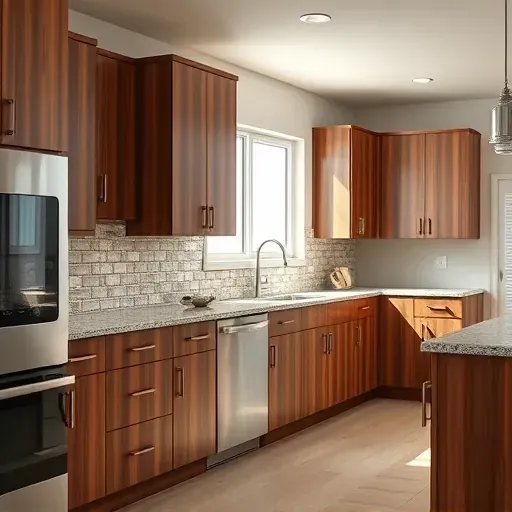 Freshly installed high-quality wooden kitchen cabinet with polished finish, detailed grain, in a modern, well-lit kitchen setting