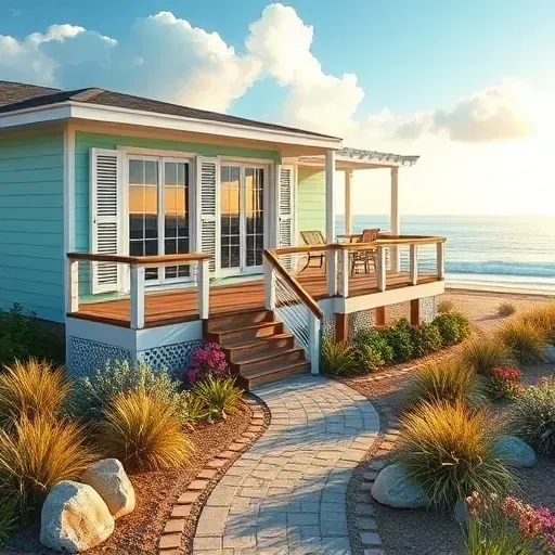 Renovated coastal home in Surf City NC with aqua exterior, wooden deck, lush landscaping, and ocean view.