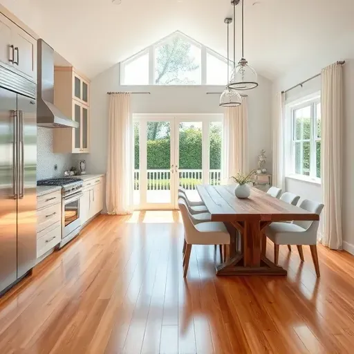 Modern kitchen remodel in Leland NC features granite countertops, stainless appliances, hardwood floors, and natural light.