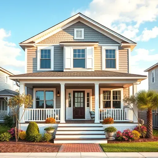 Completed home remodel in Morehead City NC with modern facade, lush landscaping, and inviting front porch.