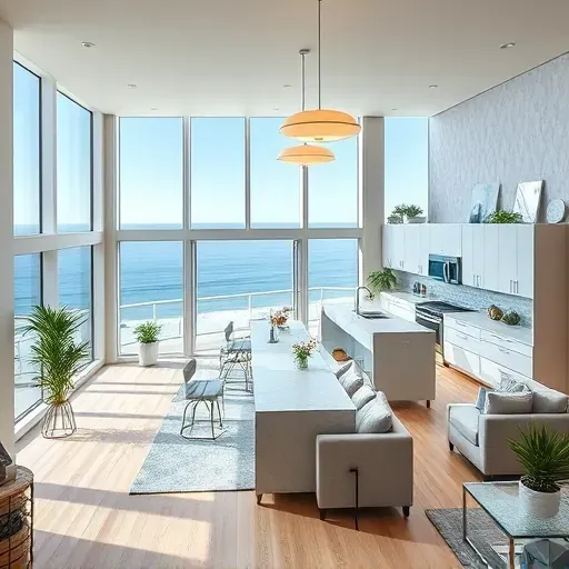 Completed home remodeling in Holden Beach, NC, features a spacious living room with ocean views and coastal decor.