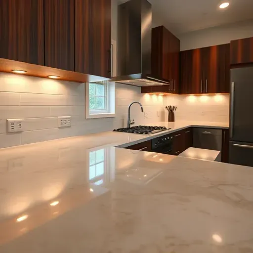 Modern kitchen with under cabinet LED lighting, sleek stone countertops, dark wood or light cabinetry and stainless steel appliances