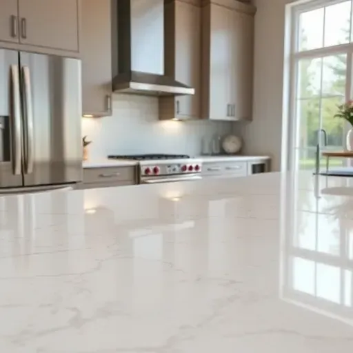 Pristine quartz kitchen countertop in Jacksonville NC with polished surface, subtle veining, in a modern high-end kitchen