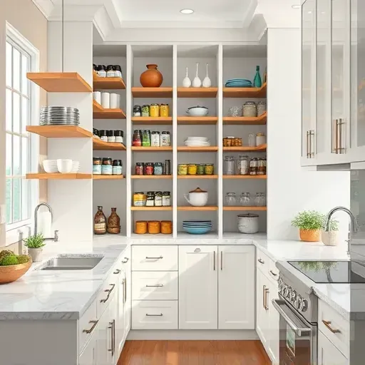 Newly installed modern kitchen pantry in Jacksonville NC with organized shelves, food containers, spices, and natural light