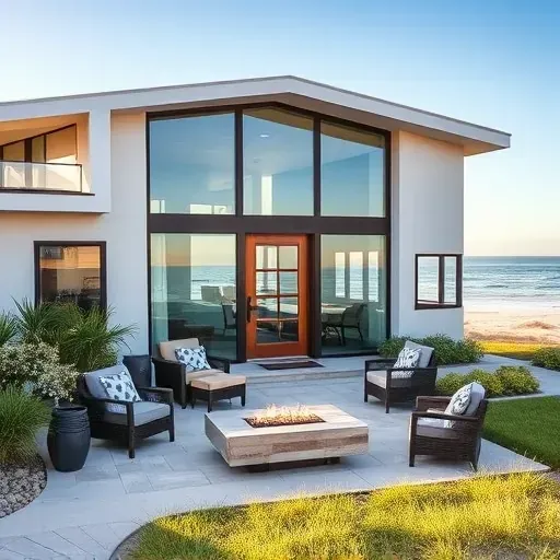 Coastal home remodeling in Wrightsville Beach NC featuring modern design, large windows, and elegant landscaping.