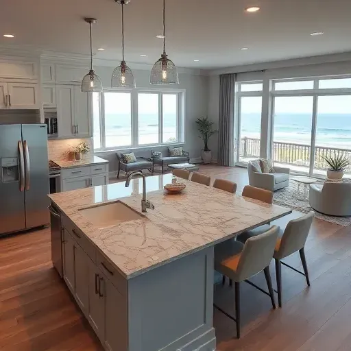 Elegant kitchen remodel in Wrightsville Beach with granite countertops, custom cabinetry, and beach views through large windows.