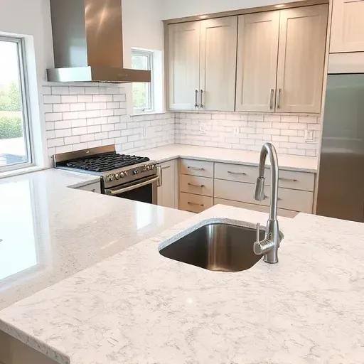 Modern kitchen with gray beige granite countertops, stainless steel appliances, light wood cabinets, subway tile backsplash and bright natural lighting