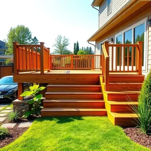 Completed natural wood deck with detailed railings, extending from a modern home to a lush backyard under sunny sky