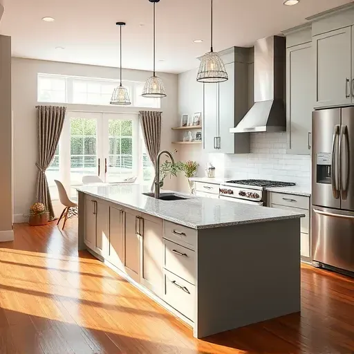 Renovated kitchen in Jacksonville NC with modern cabinetry, granite island, stainless appliances, and hardwood floors.