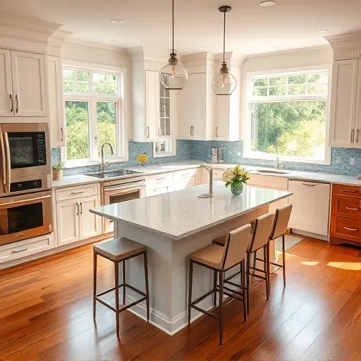 Modern kitchen remodel in Boiling Spring Lakes, NC with white cabinetry, granite countertops, and natural light.