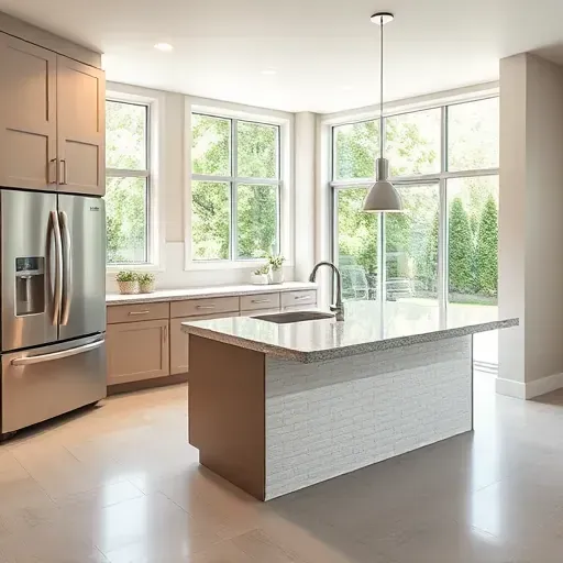 Modern Jacksonville kitchen with matte cabinets stainless steel appliances granite island white subway tiles large windows natural light ceramic flooring