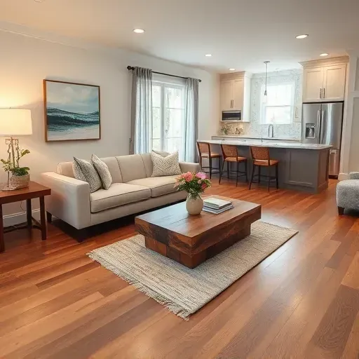 Renovated living room in Sneads Ferry NC with hardwood floors, stylish sofa, coastal art, and open kitchen view.