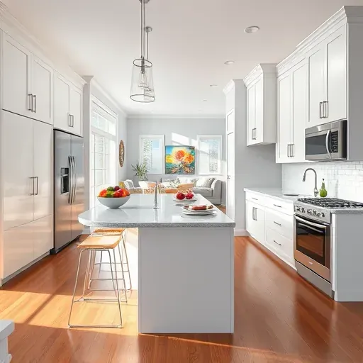 Modern kitchen remodel in Holly Ridge NC with white cabinetry, granite island, stainless appliances, and natural light.