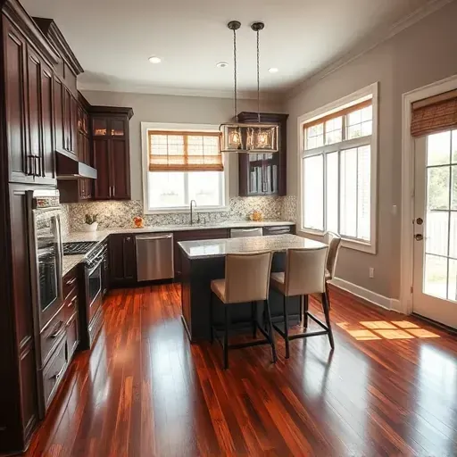 Renovated kitchen in Burgaw NC with dark wood cabinetry, granite countertops, stainless steel appliances, and elegant lighting.