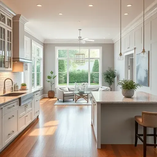 Completed home renovation in Trent Woods NC featuring modern kitchen, elegant living space, and lush garden views.