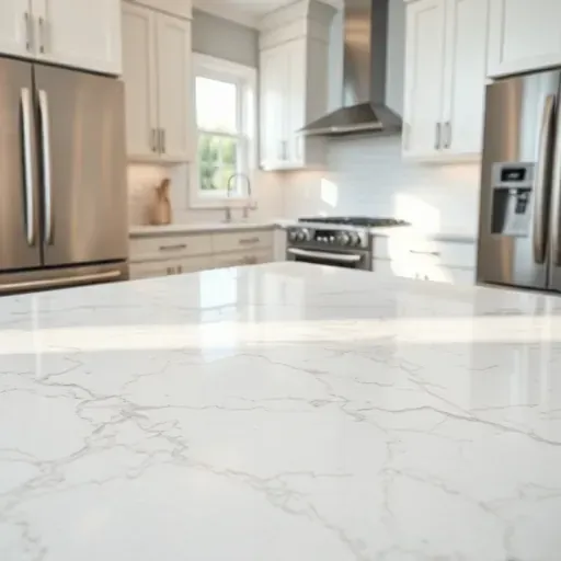 Completed quartz countertop in modern Jacksonville kitchen with polished surface, elegant veining, and subtle color variations