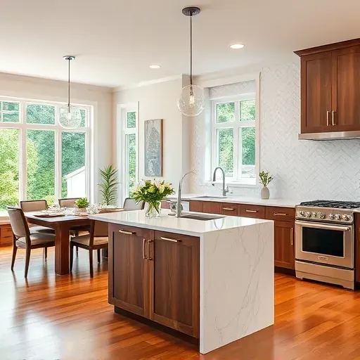 Modern kitchen remodel in Hampstead NC features walnut cabinetry, quartz countertops, and elegant dining area with views.
