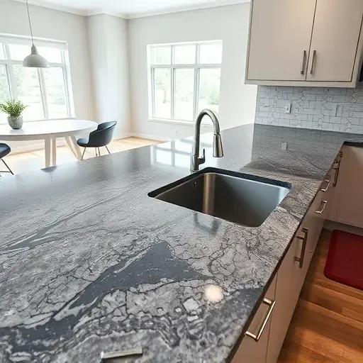Freshly installed polished granite kitchen countertop with black, gray, and white veining, stainless steel sink, and natural light.