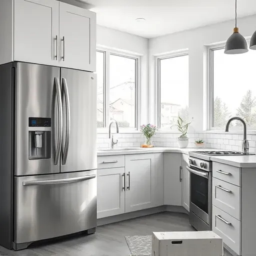 Recently installed modern stainless steel appliances in a Jacksonville North Carolina kitchen showcasing sleek cabinetry natural light and professional design