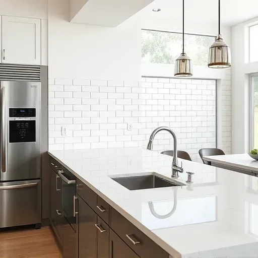Freshly installed white subway tile backsplash in modern Jacksonville kitchen with quartz countertops and stainless appliances