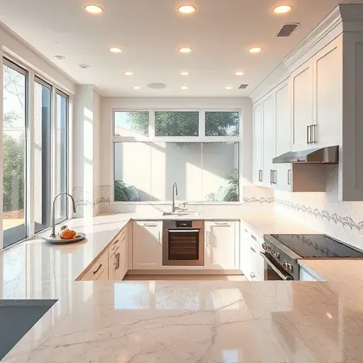 Newly installed modern kitchen lighting in Jacksonville NC features recessed LED lights, white cabinets, granite countertops, and stainless steel appliances