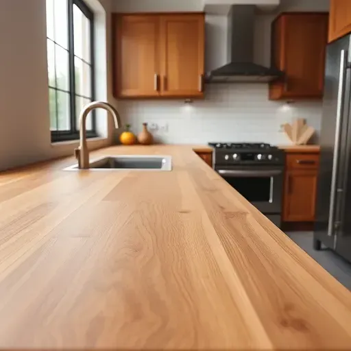 Freshly installed wooden butcher block countertop in a modern kitchen with stainless steel appliances and natural light
