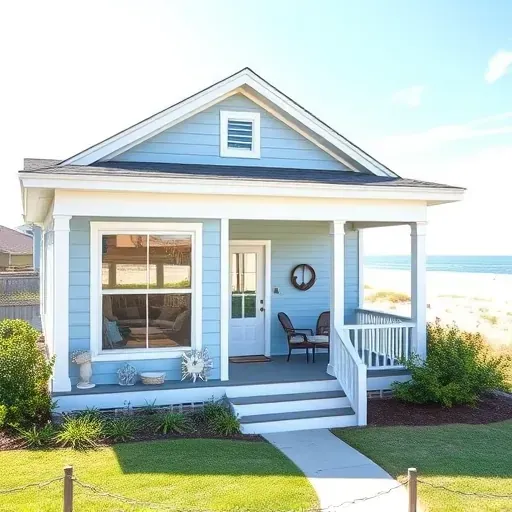 Completed coastal home remodeling in Wrightsville Beach NC, featuring pale blue exterior, lush lawn, and beach views.