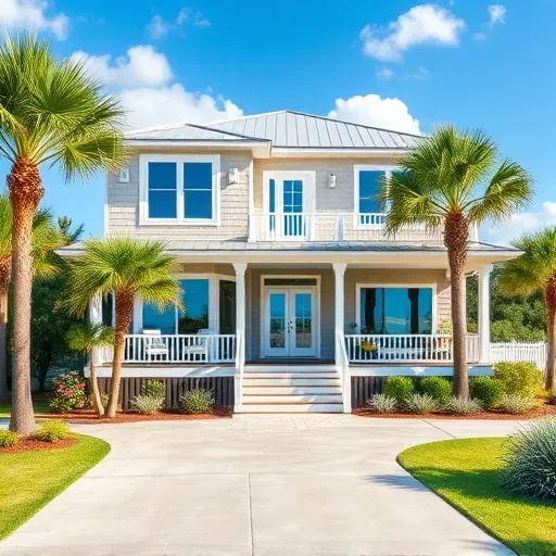 Coastal-inspired home in Sunset Beach NC with wooden façade, white trim, large windows, and inviting porch.
