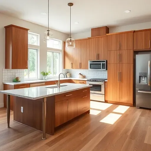 Renovated Jacksonville NC kitchen with modern wood cabinetry stainless steel appliances granite island natural light hardwood floors