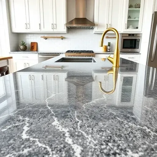 Polished granite countertop in a modern Jacksonville kitchen with white cabinets stainless steel appliances and brass fixtures