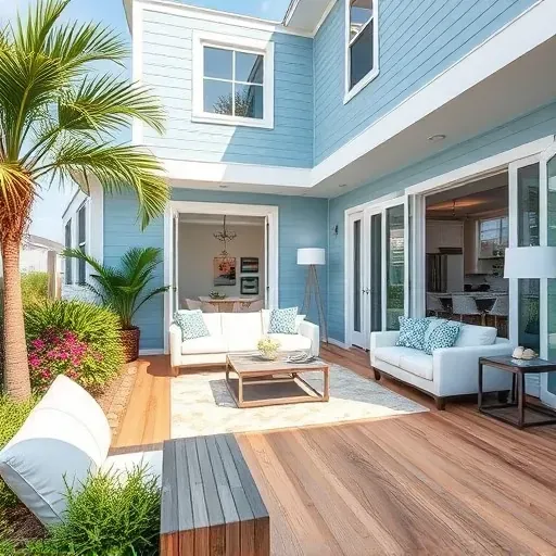 Coastal home remodel in Carolina Beach NC features modern design with beach-inspired elements and lush landscaping.
