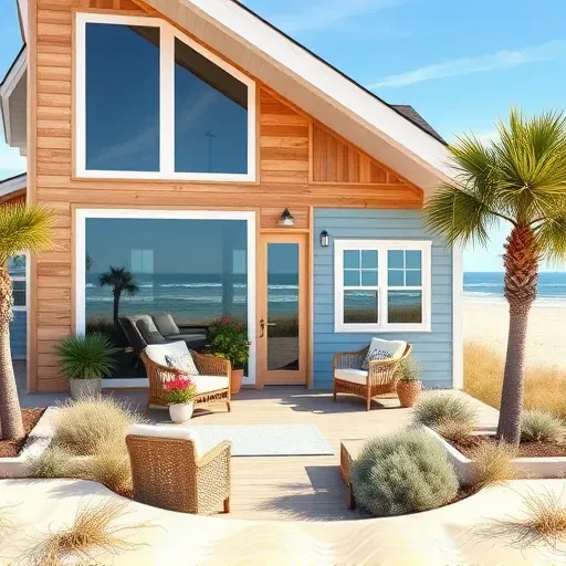 Completed home remodel in Carolina Beach NC featuring modern beach house design with natural wood and light-blue clapboard.