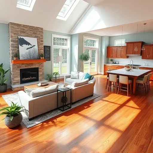 Home remodeling in Beaufort NC featuring a cozy modern living room with hardwood flooring and a stone fireplace.