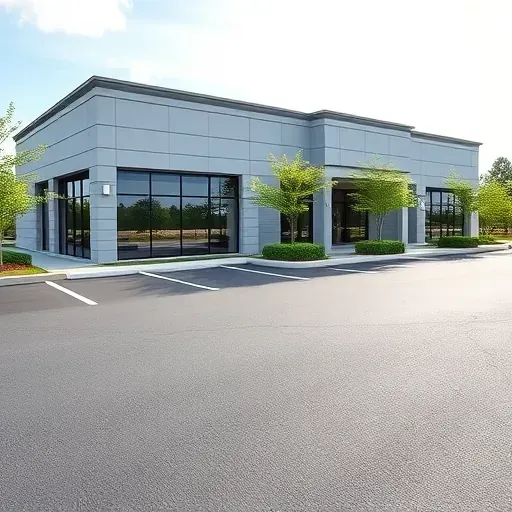 Newly completed modern commercial building in Jacksonville NC with glass windows, landscaped parking lot, clear sky