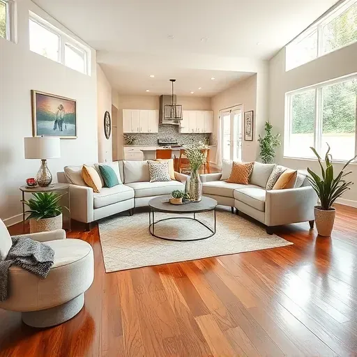 Renovated living room in Trent Woods NC featuring modern decor, large windows, and open-concept kitchen design.