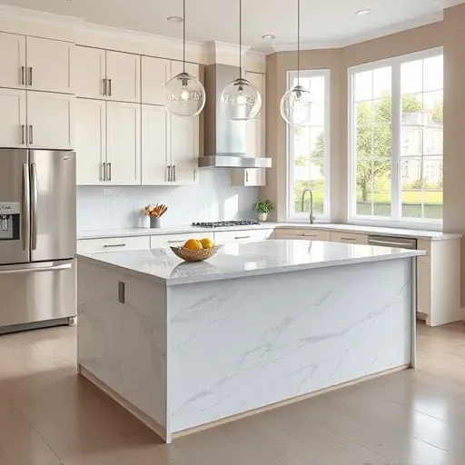 Modern Jacksonville kitchen with marble island, stainless steel appliances, neutral cabinetry and bright natural light