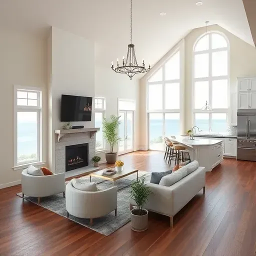 Home remodeling in Sneads Ferry NC featuring a stylish living room with modern decor, cozy fireplace, and serene coastal views.