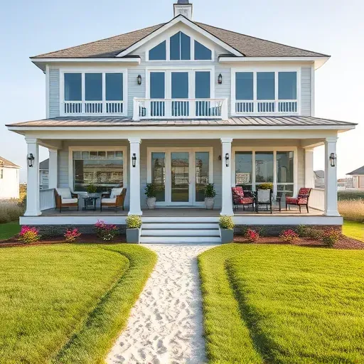 completed home remodel in Holden Beach NC featuring light siding panoramic windows and a wrap-around porch with lush landscaping