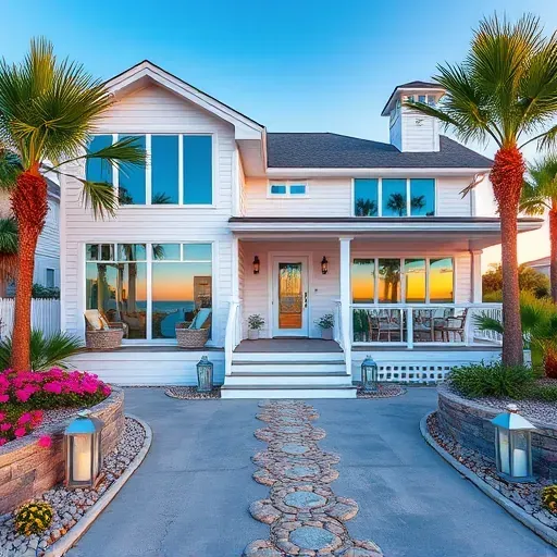 Renovated coastal home in Topsail Beach NC features white siding, large windows, and lush tropical landscaping.